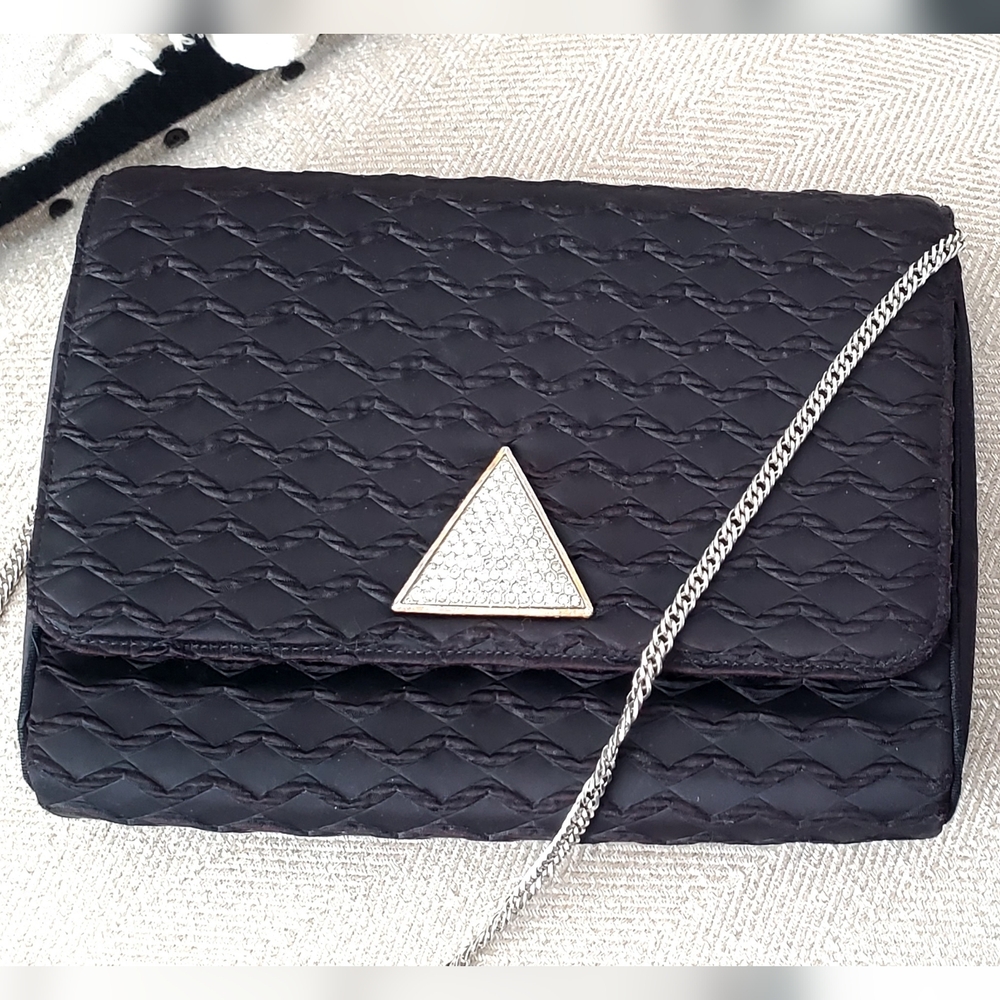 Miss Lewis Vtg Art Deco Black Satin/Textured, Diamond Embellishment Handbag EUC - Picture 5 of 16